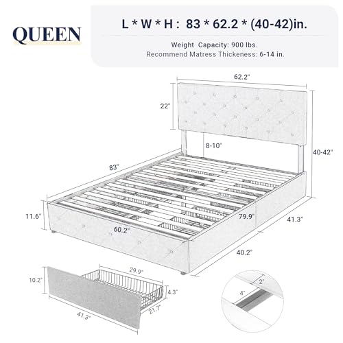 Light Grey Queen Size Platform Bed Frame with 4 Storage Drawers P82166