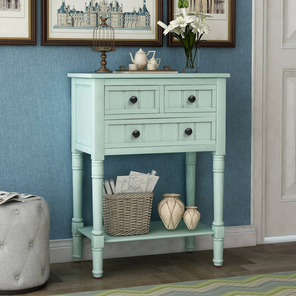 Retro Blue Narrow Console Table with 3 Drawers and Shelf L73282