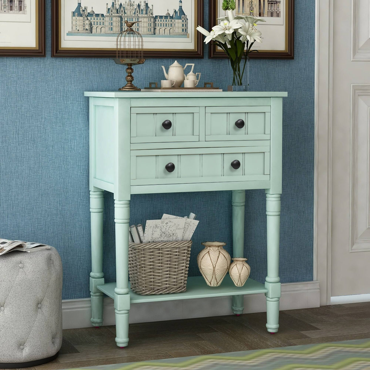 Retro Blue Narrow Console Table with 3 Drawers and Shelf L73282