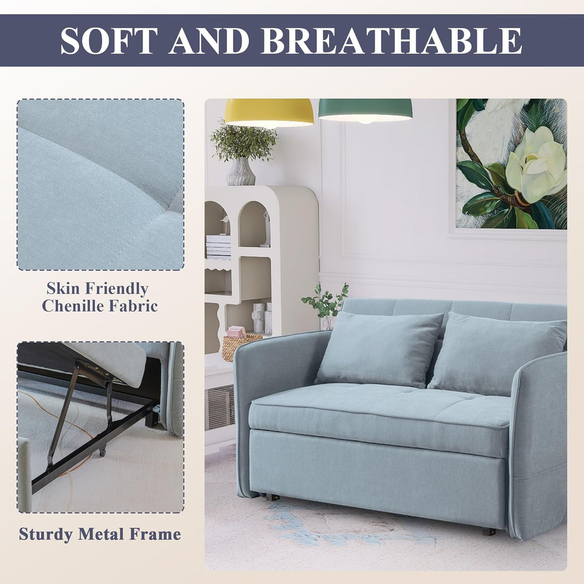 Bluish Grey Chenille Fabric Double Sofa Bed with Pull-Out Bed T6018