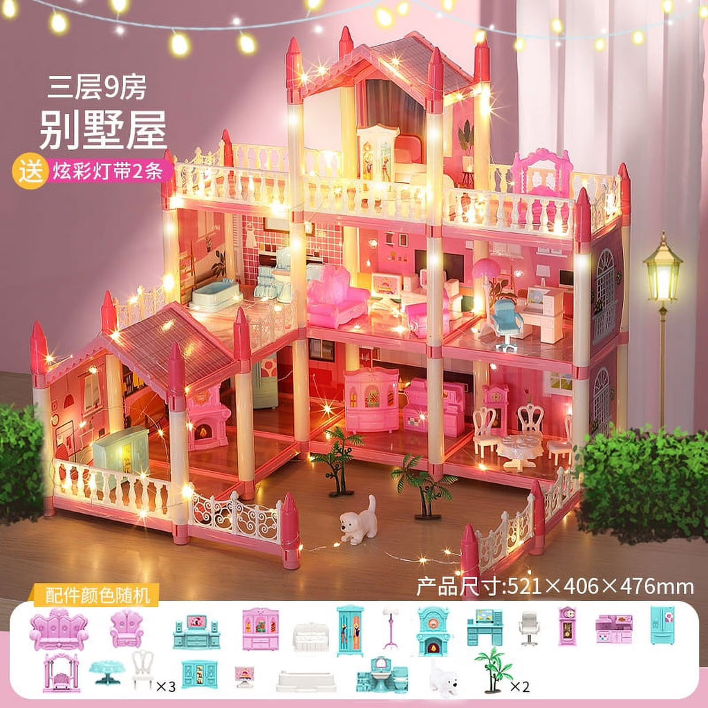 3 Stories 9 Rooms Doll House with Furniture Accessories I50021