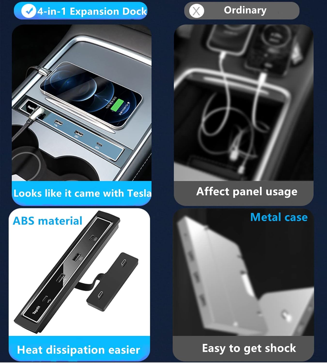 4 in 1 USB Hub Center Console Adapter for Tesla Model Y Model 3, Pack of 2 I136420