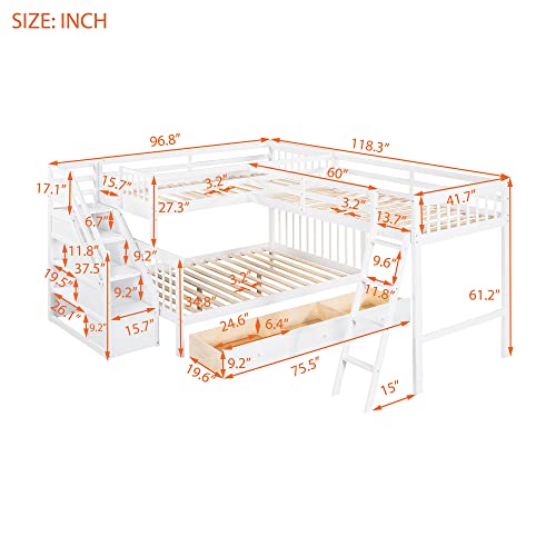 Twin over Full Triple Bunk Bed with Drawers and Stairway, L-Shaped Bunk Bed and Loft Bed Combo with Storage Compartment (Espresso) X42529