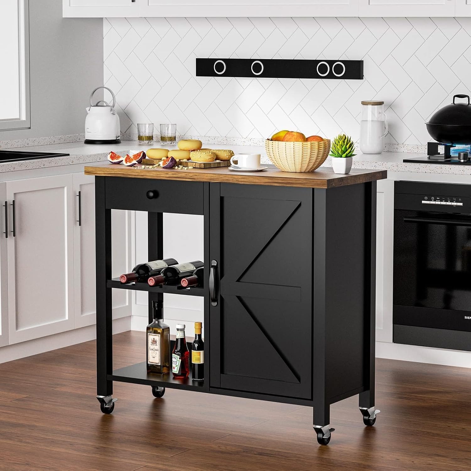Black Wood Coffee Bar Cart with Storage Cabinet and Adjustable Shelves X5660