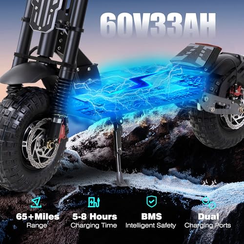 Electric Scooter 7000W Brushless Motor 60V 33Ah Li-Ion Battery 13" All Terrain Tires Full Suspension Adjustable Handlebar Height with Seat I10592