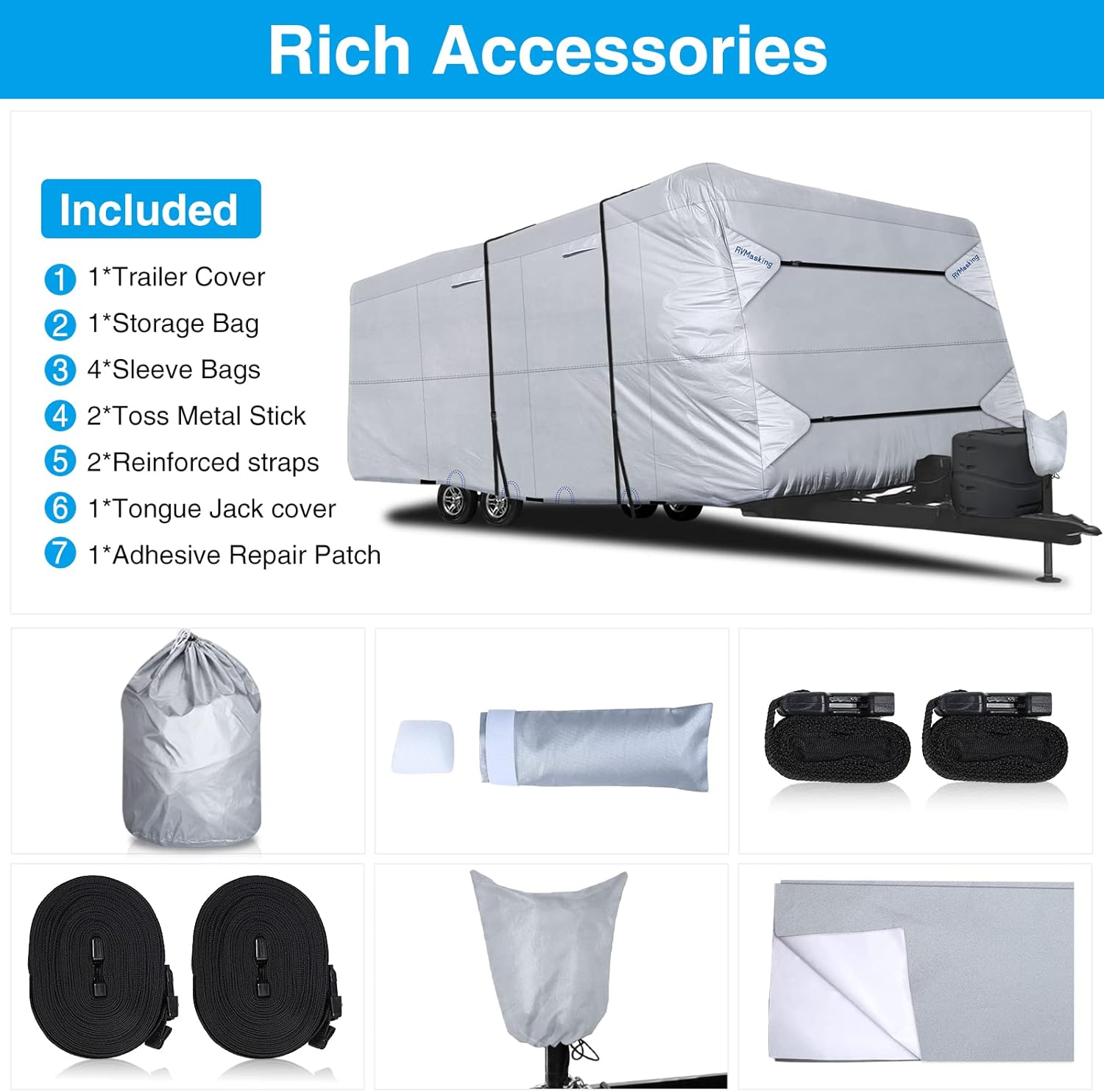 Rip-Stop RV Cover Fits 22'1" - 24' Long Motorhome, Waterproof Camper Cover with Gutter Covers, Adhensive Repair Patch W5898
