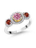 Pink Lab Grown Diamond Red Garnet 925 Silver 10K Yellow Gold 3 Stone Engagement Ring F96732