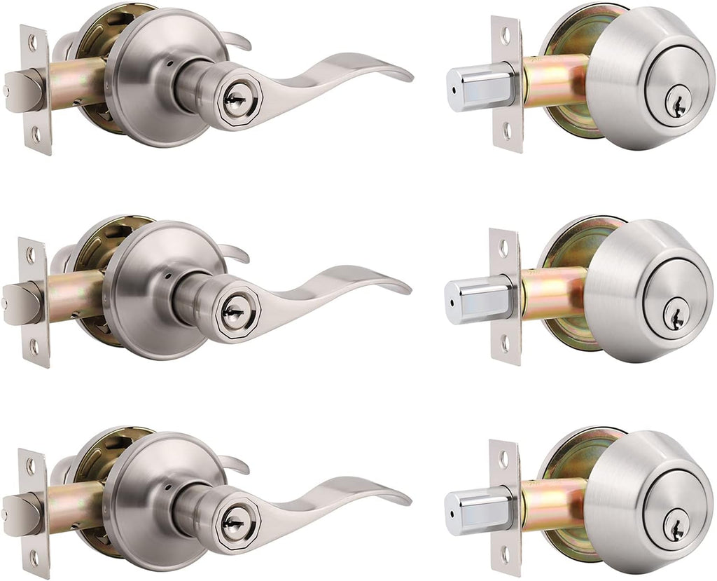3 Pack Entry Door Levers with Deadbolt Combination Set, Satin Nickel Finish T749