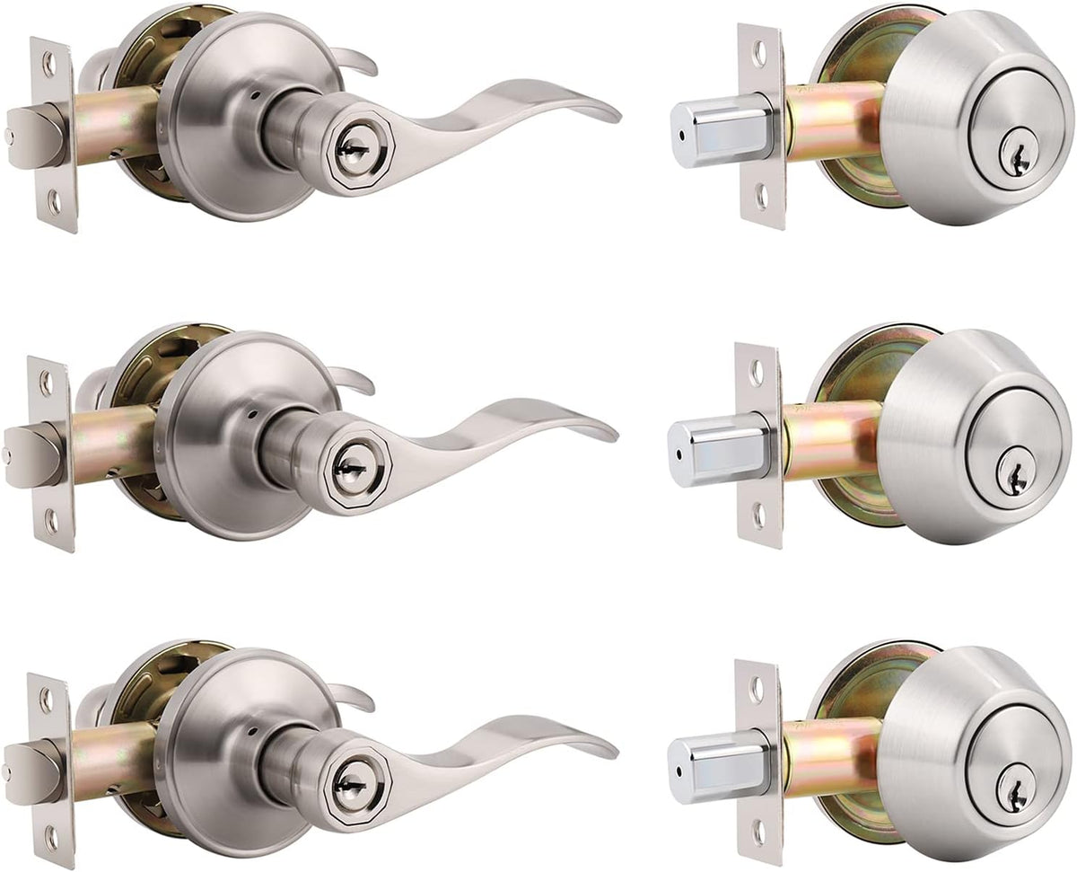3 Pack Entry Door Levers with Deadbolt Combination Set, Satin Nickel Finish T749