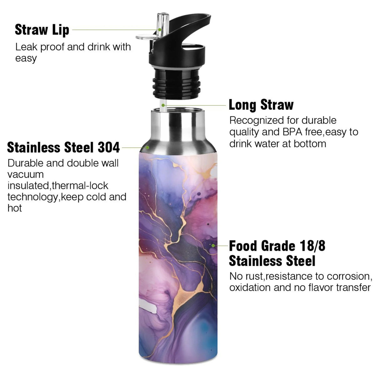 Purple and Blue Marble Stainless Steel Insulated Water Bottle with Straw Lid W88376