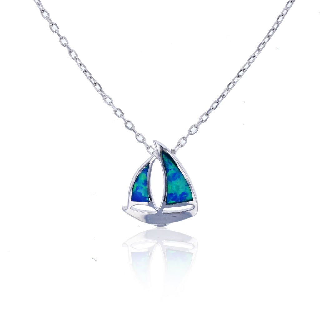 Rhodium Created Blue Opal Polished Ship Necklace with 2" Extender N871