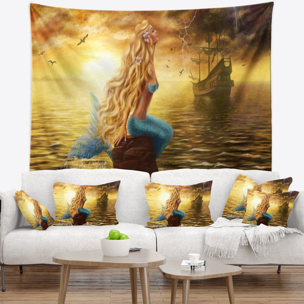 Sea Mermaid with Ghost Ship Seascape Wall Tapestry N245
