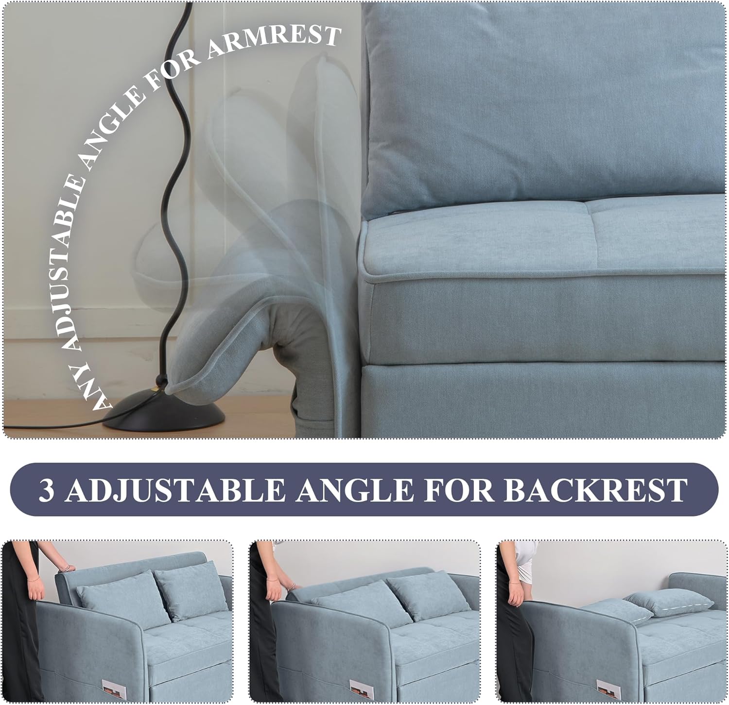 Bluish Grey Chenille Fabric Double Sofa Bed with Pull-Out Bed T6018