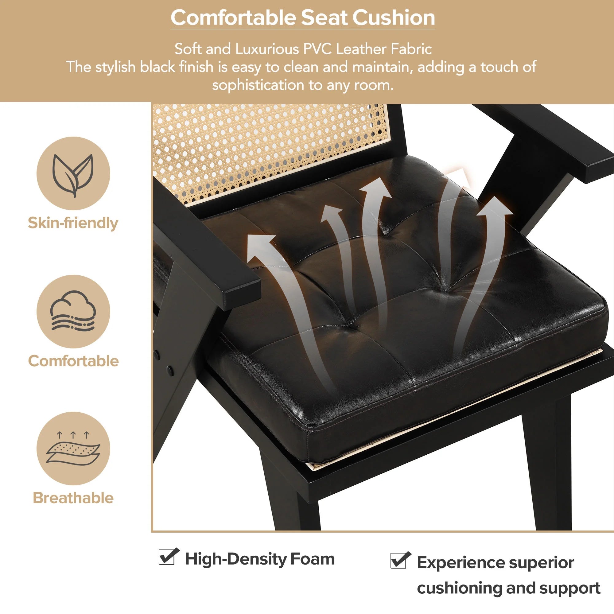 Black Accent Chair with Rattan Backrest and Padded Seat C76365