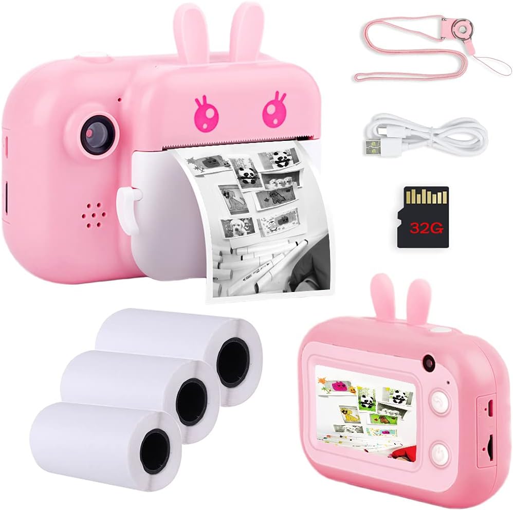 Pink 2.4 Color Screen Digital Camera with 3 Rolls Print Paper & 32GB SD Card L464