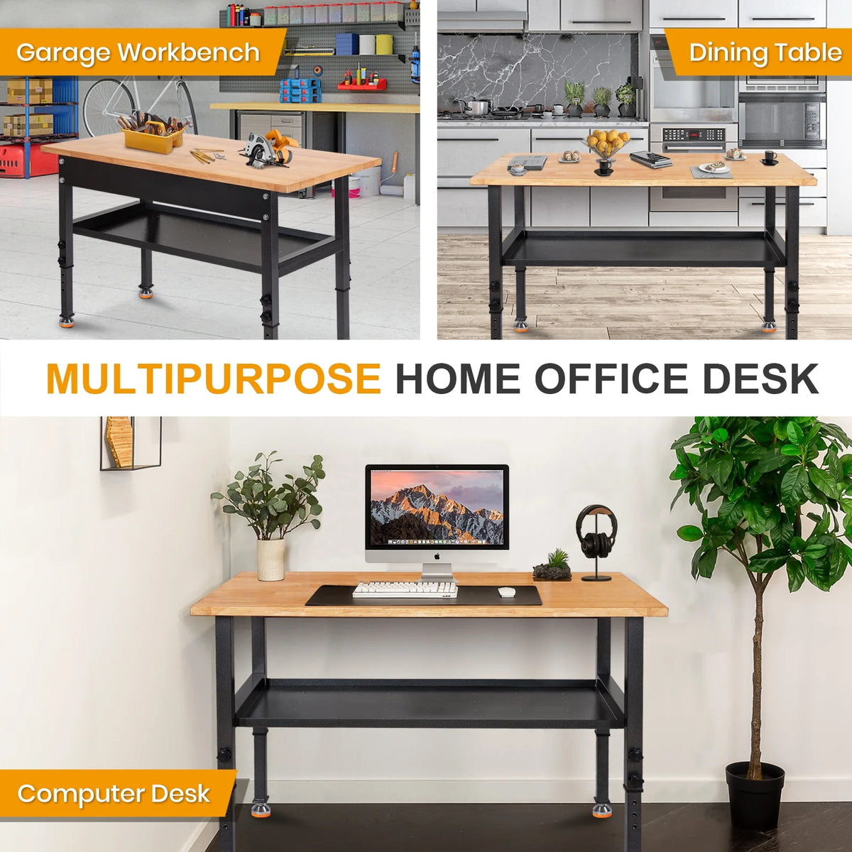 48" Adjustable Heavy-Duty Workbench with Rubber Wood Top C508