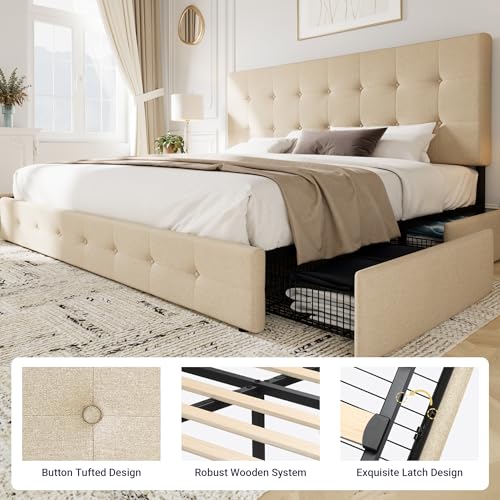 Light Grey Queen Size Platform Bed Frame with 4 Storage Drawers P82166
