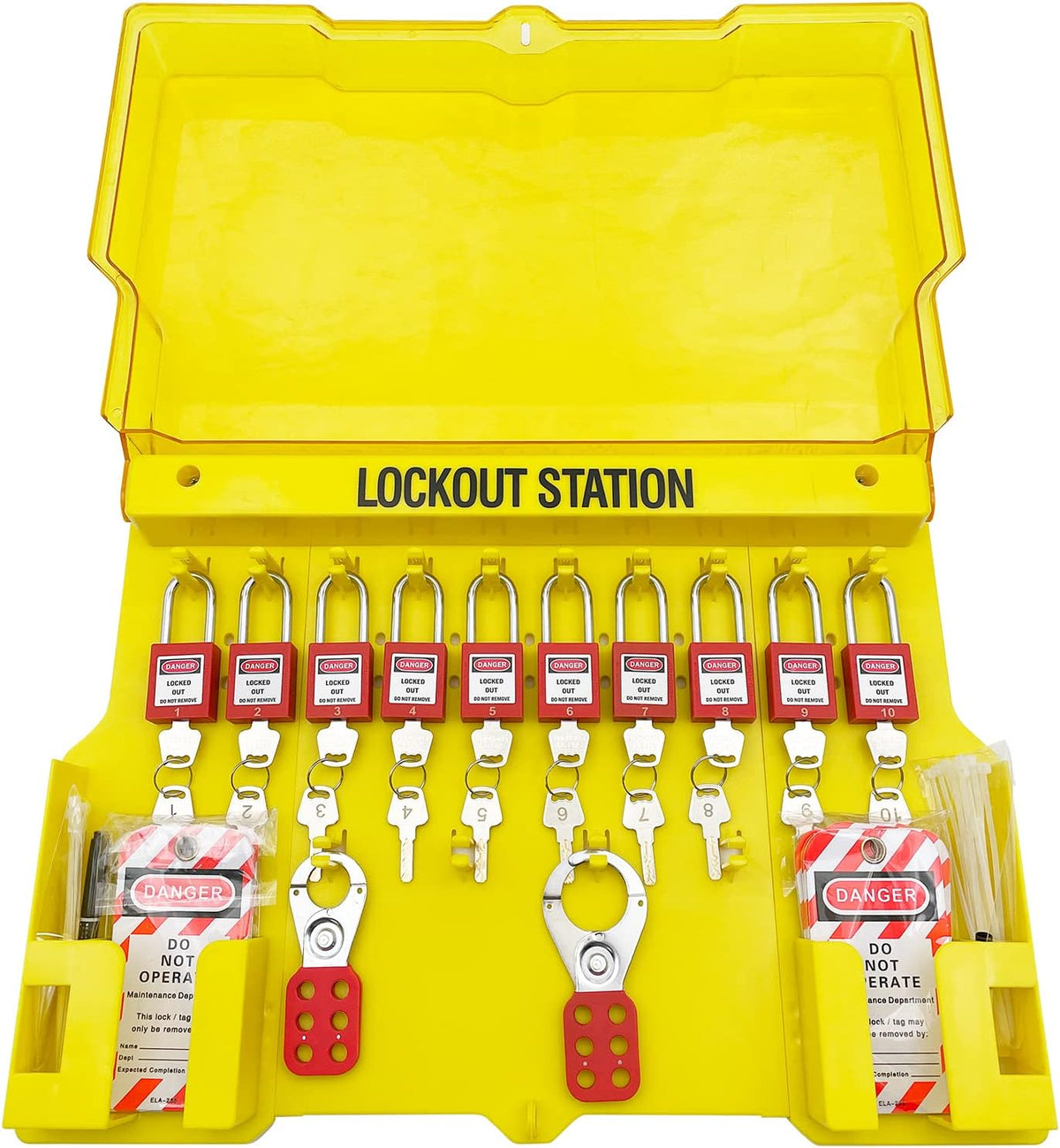 14 Key Padlocks with Numbers, 4 Lockout Hasps, 40 Lockout Tags, 20 Nylon Cable Lockout Tagout Station O7788