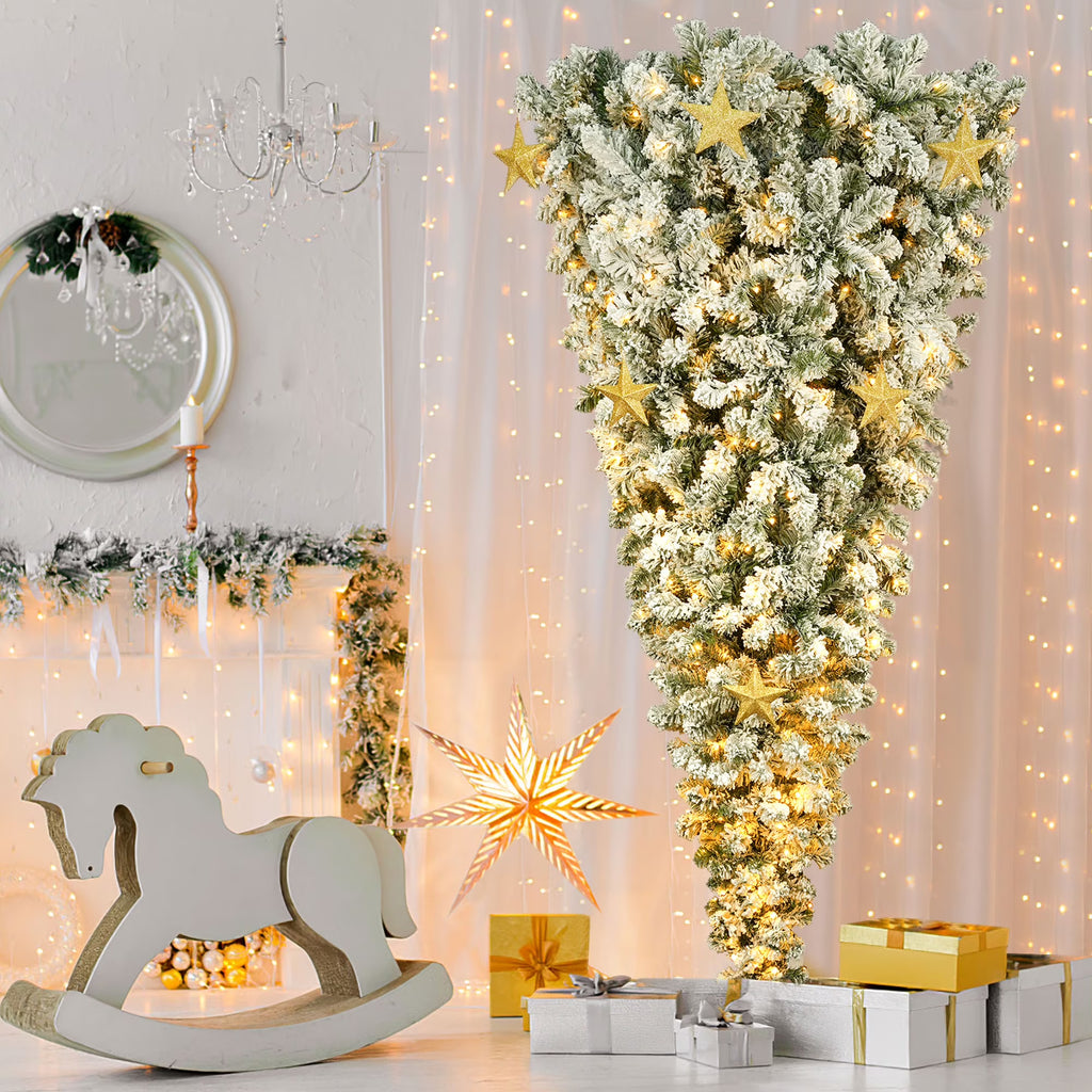 Pre-lit 6FT Hinged Snow Flocked Artificial Christmas Tree with 360 LED Lights and 8 Golden Stars S36271