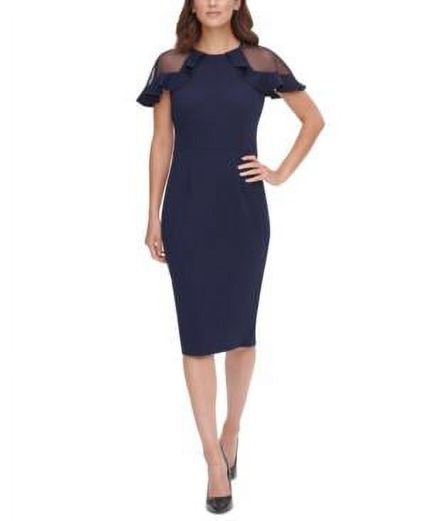 Navy Blue Sheer Ruffle Cocktail Dress Size 12 Q8381