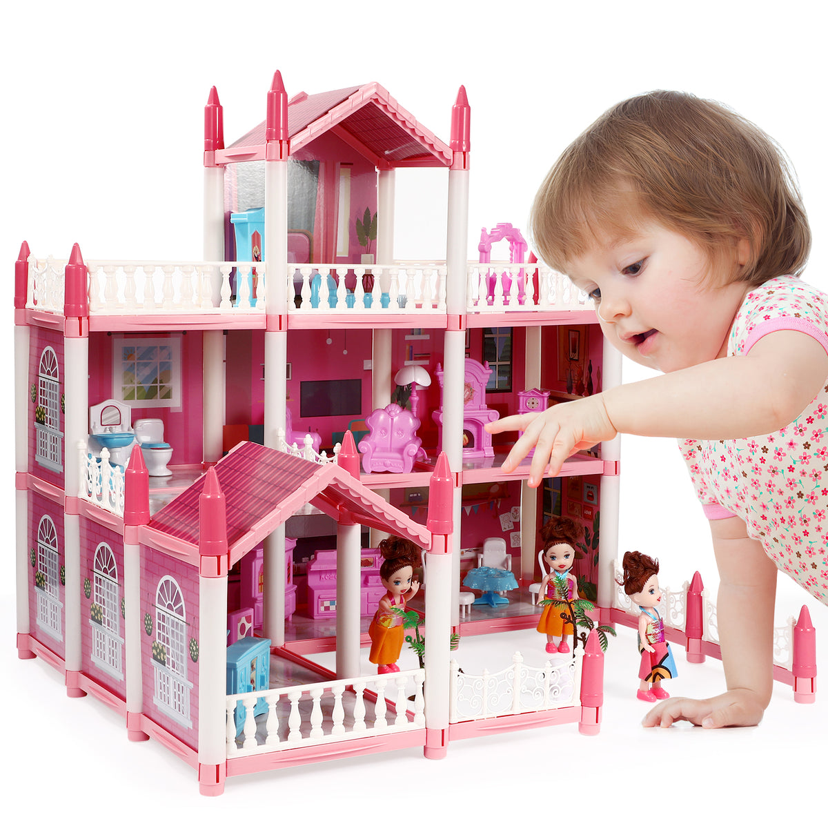3 Stories 9 Rooms Doll House with Furniture Accessories I50021