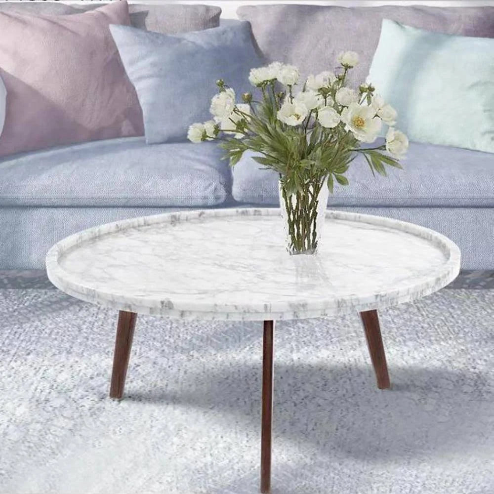 Round Italian Carrara White Marble Coffee Table with Walnut Legs B59197