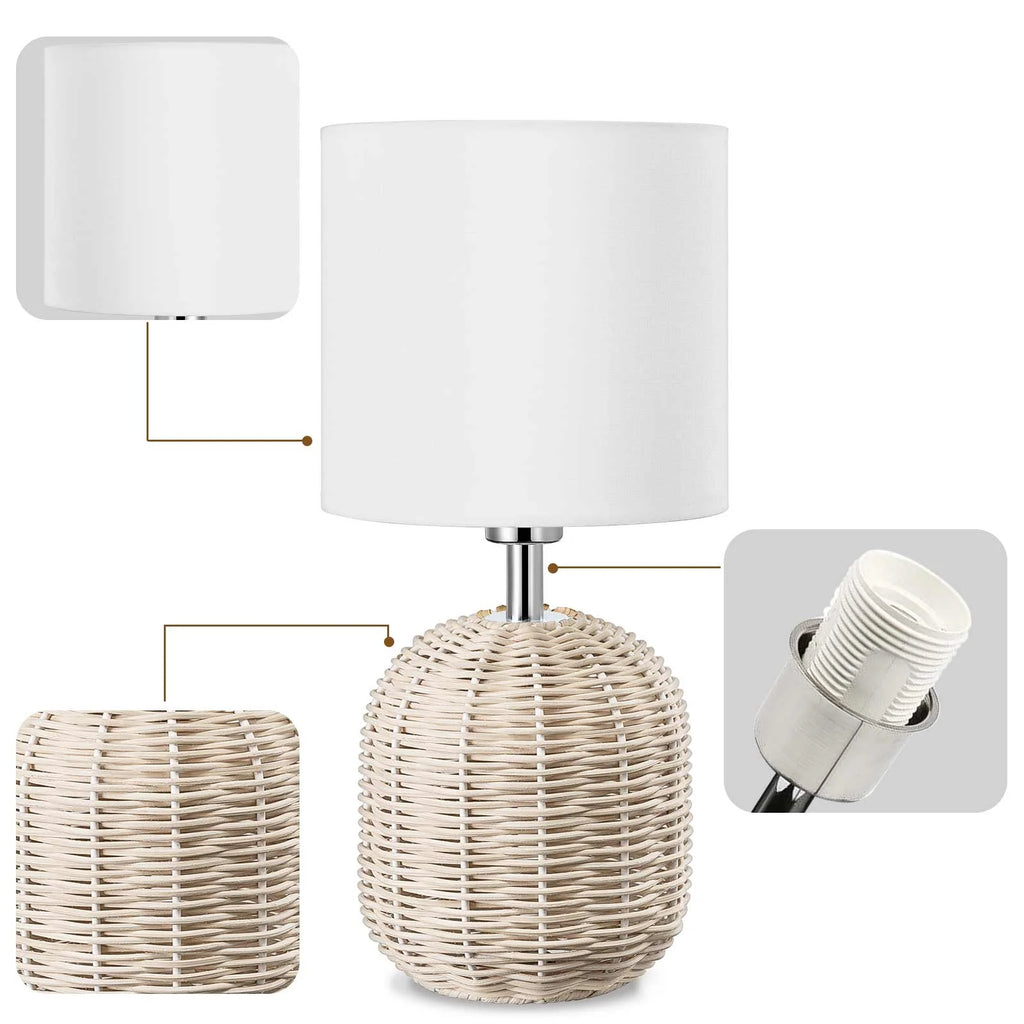 Weave Rattan Base White Fabric Drum Shade Table Lamp D8354