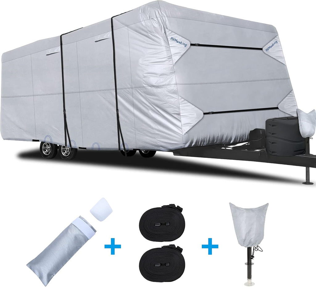 Rip-Stop RV Cover Fits 22'1" - 24' Long Motorhome, Waterproof Camper Cover with Gutter Covers, Adhensive Repair Patch W5898