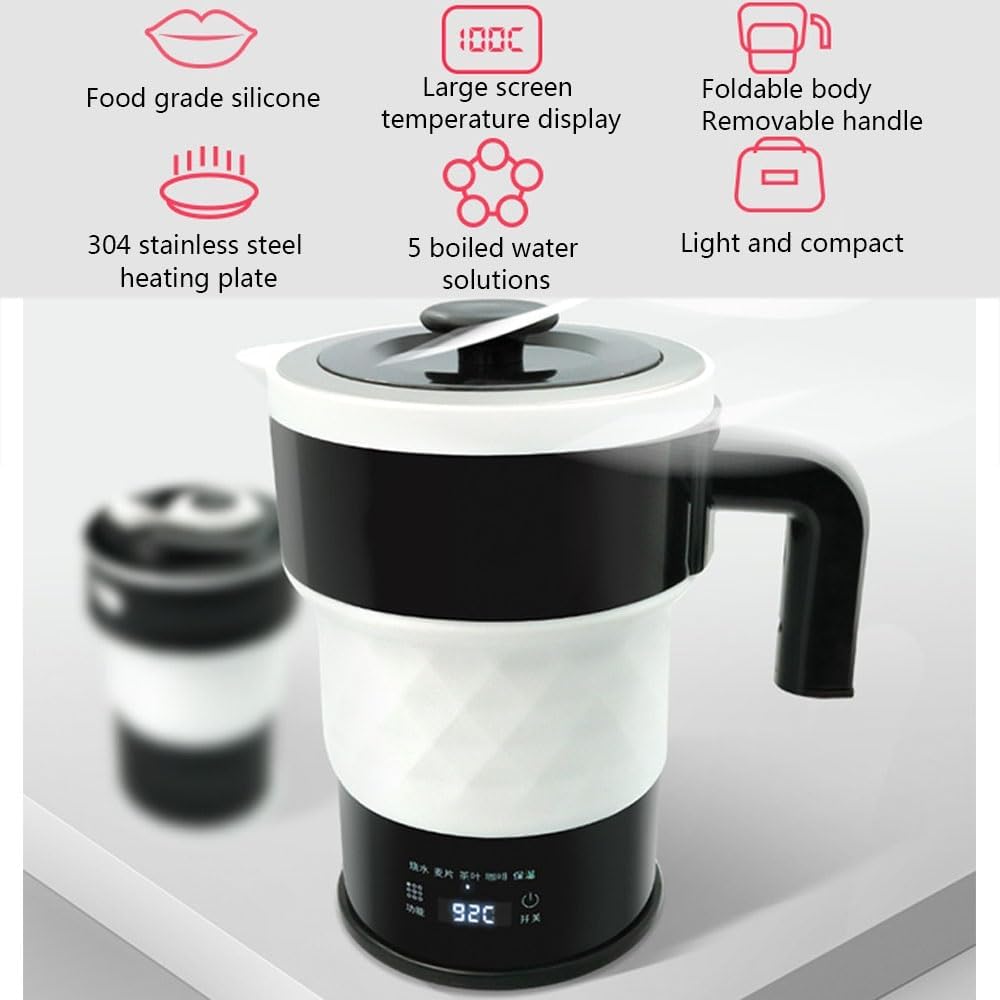 Travel Foldable Electric Kettle Portable Silicone Collapsible Kettle with LED Digital Display Food Grade Silicone BPA Free Boil Dry Protection 0.6L Z18695