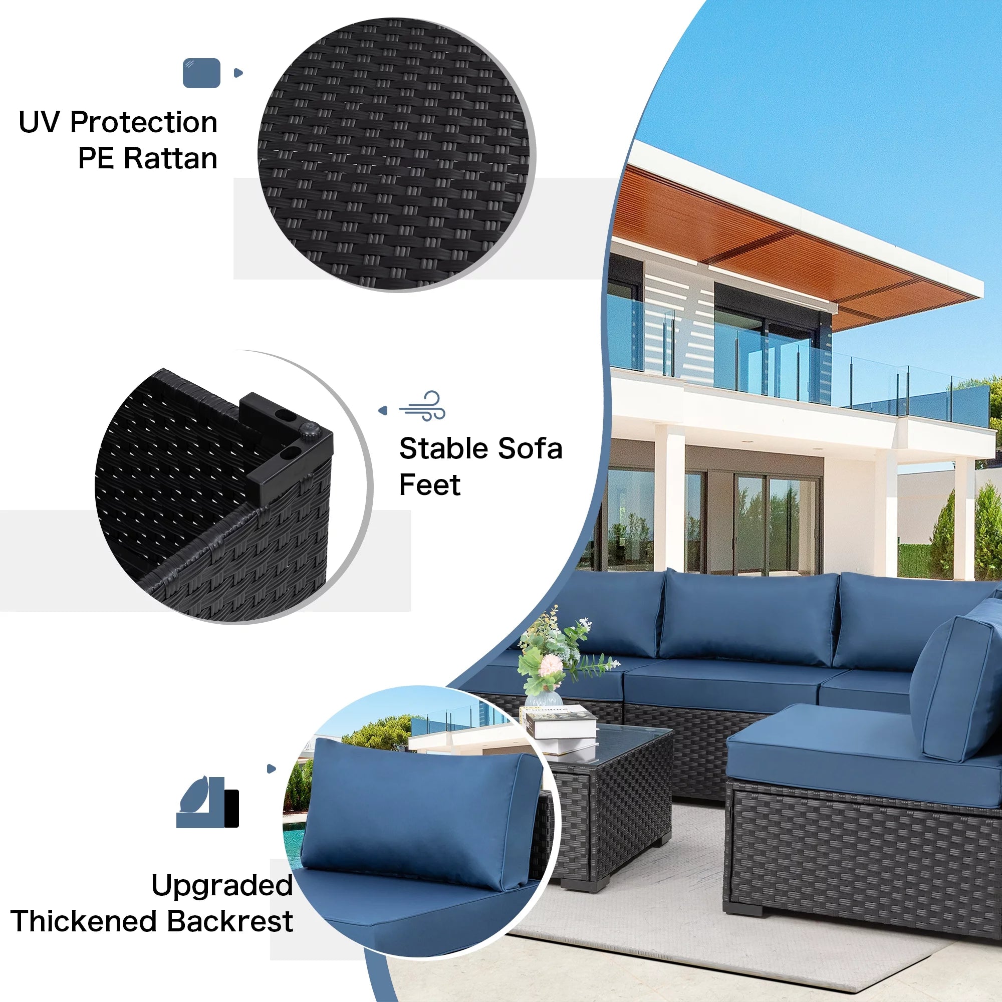 7 Pieces Black Wicker Outdoor Sectional Sofa Set with Tea Table and Cushions X15539
