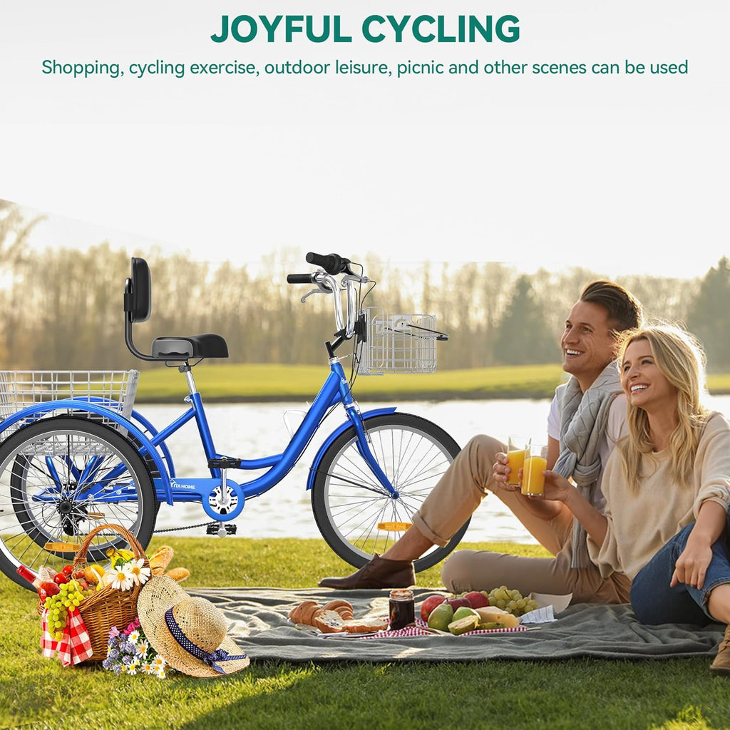 Blue 26 Inch 7 Speed 3 Wheel Tricycle with Removable Baskets B86566