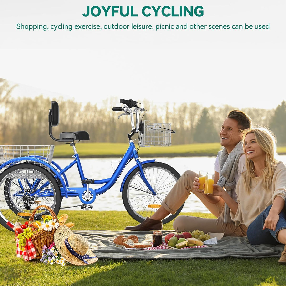 Blue 26 Inch 7 Speed 3 Wheel Tricycle with Removable Baskets B86566