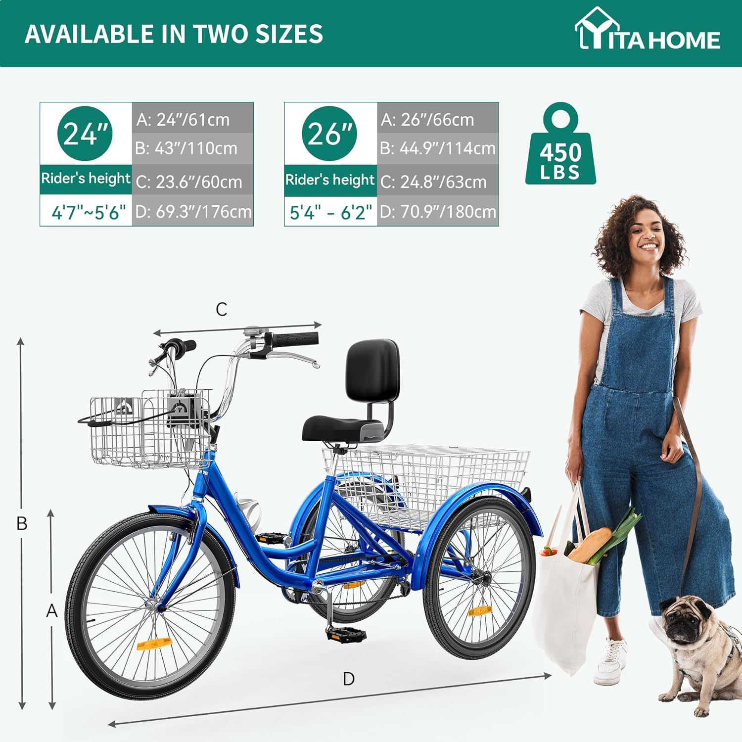 Blue 26 Inch 7 Speed 3 Wheel Tricycle with Removable Baskets B86566