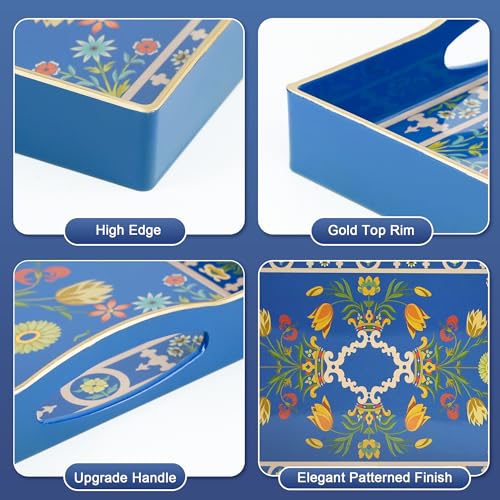Blue Plastic Serving Tray with Handles, 15.7” x 10.2” x 1.37” Q942470