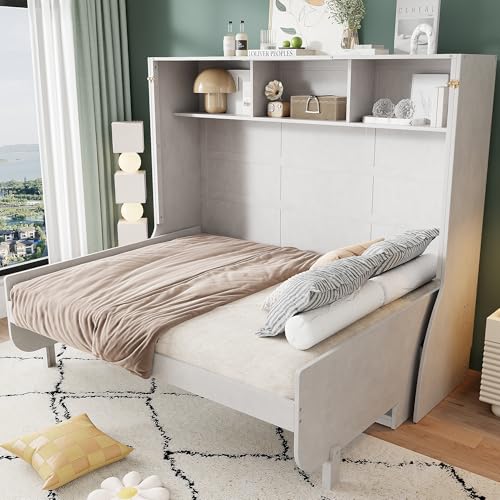 Antique White Solid Wood Full Size Murphy Bed with Desk and Storage Shelves I404