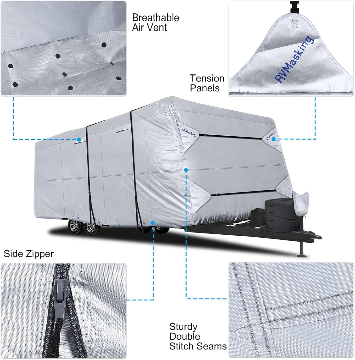 Rip-Stop RV Cover Fits 22'1" - 24' Long Motorhome, Waterproof Camper Cover with Gutter Covers, Adhensive Repair Patch W5898