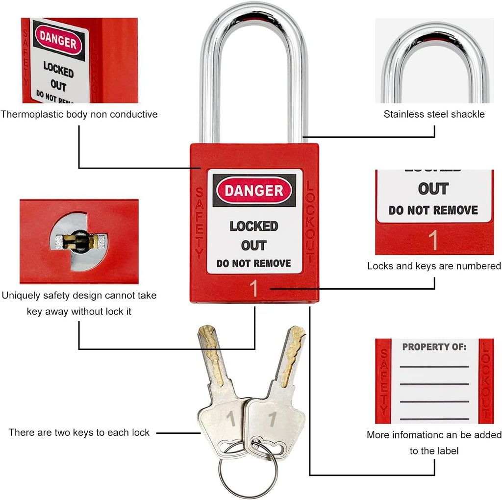 14 Key Padlocks with Numbers, 4 Lockout Hasps, 40 Lockout Tags, 20 Nylon Cable Lockout Tagout Station O7788