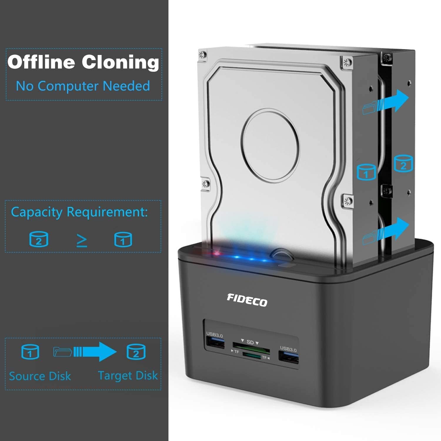 USB 3.0 Dual-Bay External Hard Drive Docking Station with Offline Clone Function and SD Card Slots for 2.5/3.5 Inch SATA HDD SSD J2556