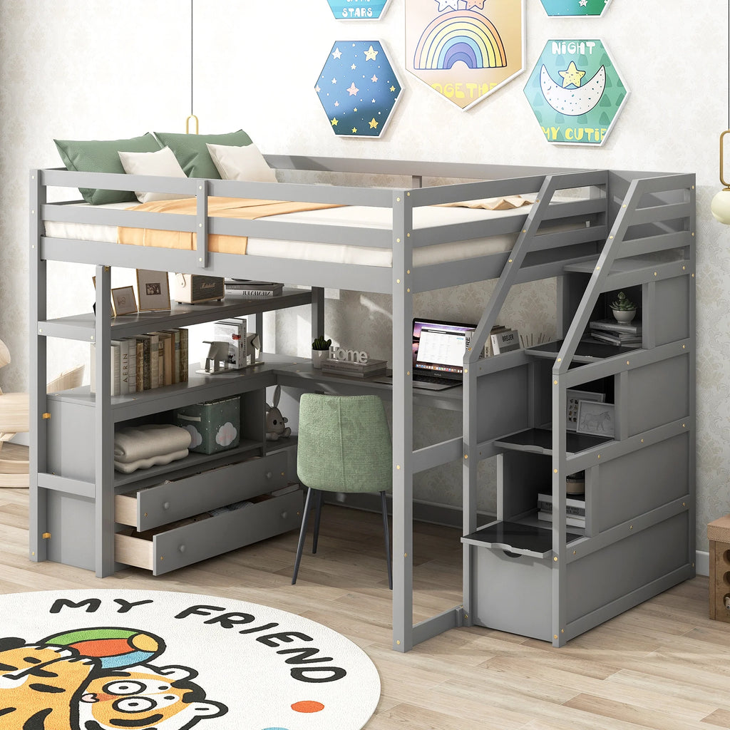 Full Wood Loft Bed with Desk, Storage Stairs, Two Drawers A529