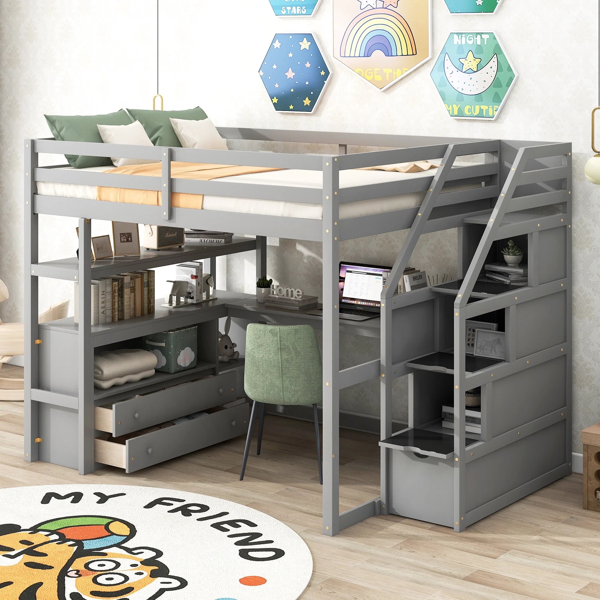 Full Wood Loft Bed with Desk, Storage Stairs, Two Drawers A529