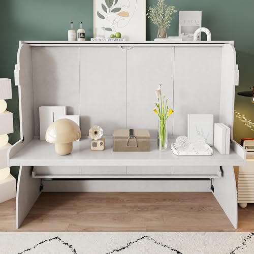 Antique White Solid Wood Full Size Murphy Bed with Desk and Storage Shelves I404