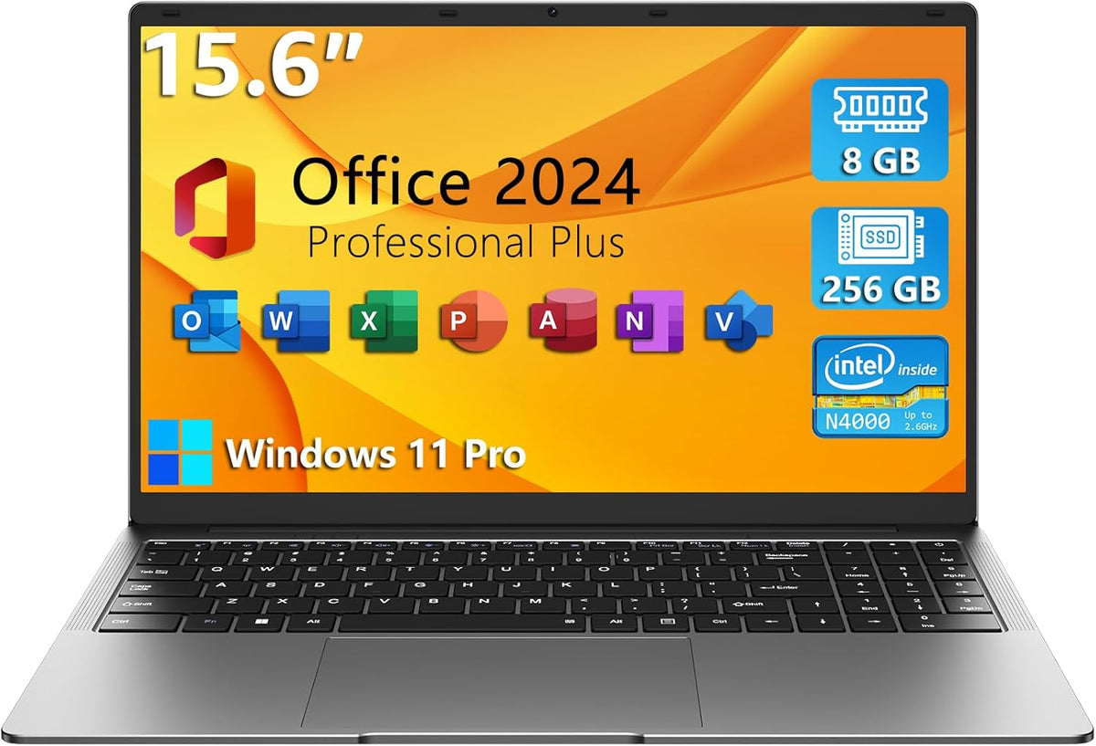 15.6" Windows 11 Pro Laptop, 8GB RAM 256GB Storage, Intel Celeron N4000, Silver V325346