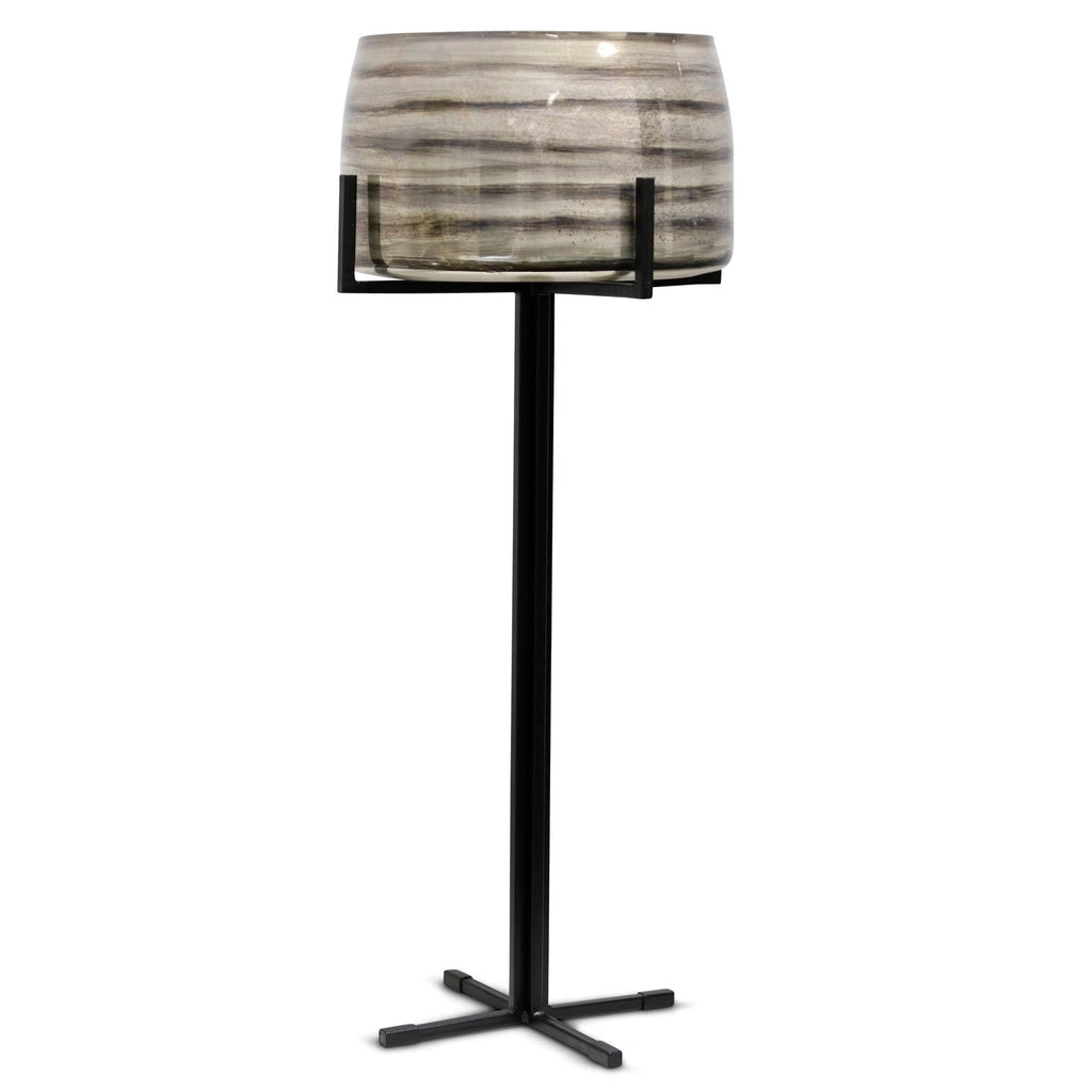 Smoked Glass Candle Holder on Black Metal Base W655