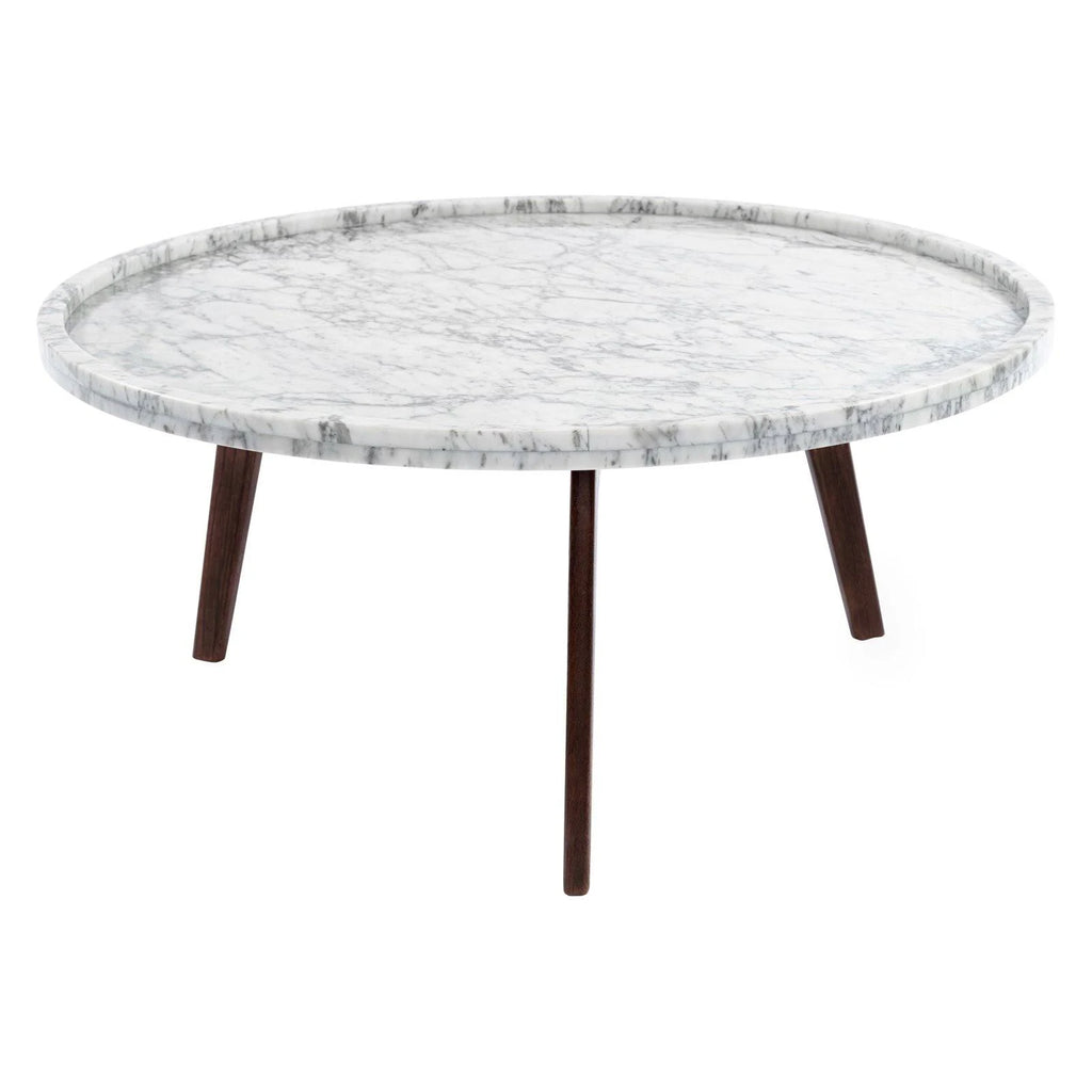 Round Italian Carrara White Marble Coffee Table with Walnut Legs B59197