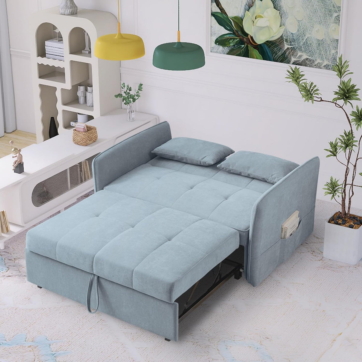 Bluish Grey Chenille Fabric Double Sofa Bed with Pull-Out Bed T6018