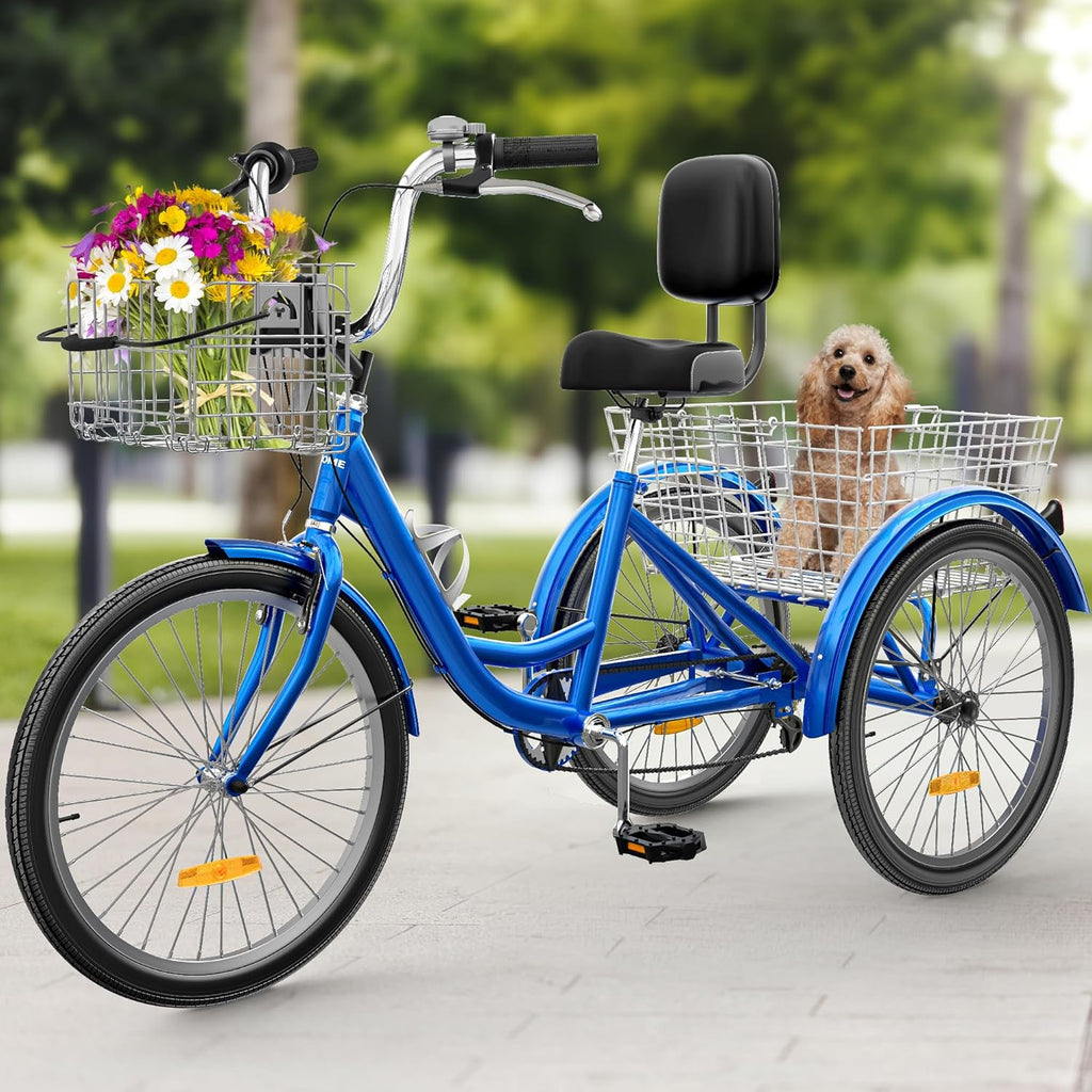 Blue 26 Inch 7 Speed 3 Wheel Tricycle with Removable Baskets B86566