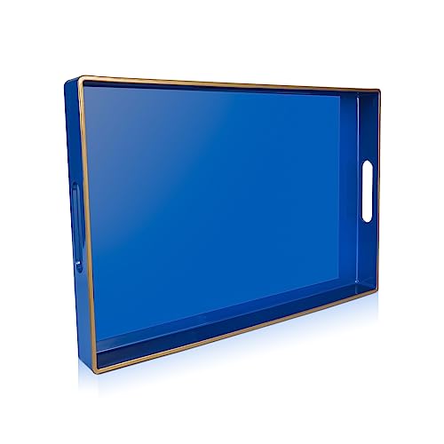 Blue Plastic Serving Tray with Handles, 15.7” x 10.2” x 1.37” Q942470