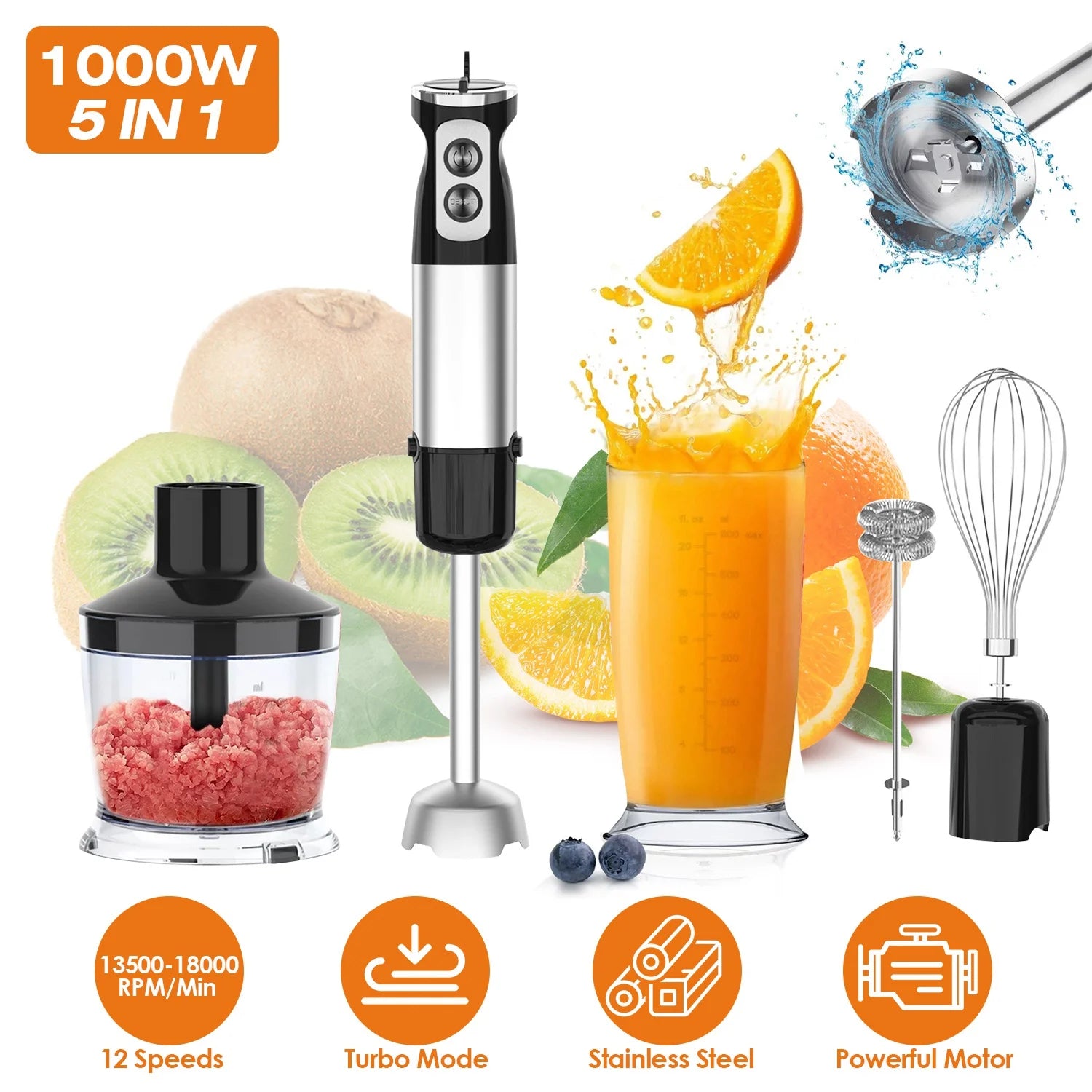 1000W 5 in 1 Stainless Steel Hand Blender with 12 Speeds K103999