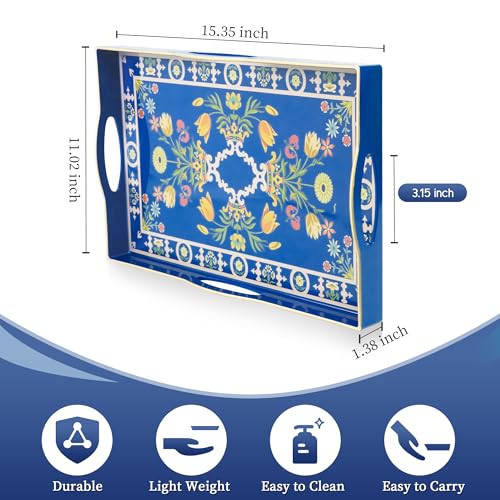 Blue Plastic Serving Tray with Handles, 15.7” x 10.2” x 1.37” Q942470