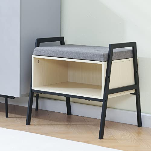 Small Entryway Bench with Cushion Seat, Wooden Shoe Rack, 15mm Maple Wood F98377